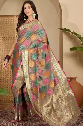 Grey woven design zari organza handloom saree