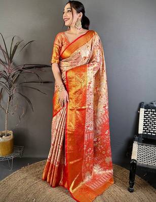 Gold woven design zari silk blend handloom kanjeevaram saree 1
