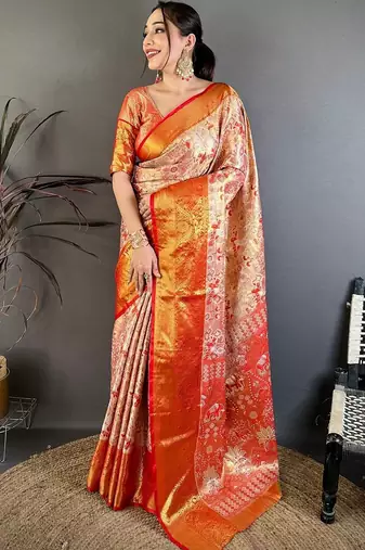 Gold woven design zari silk blend handloom kanjeevaram saree