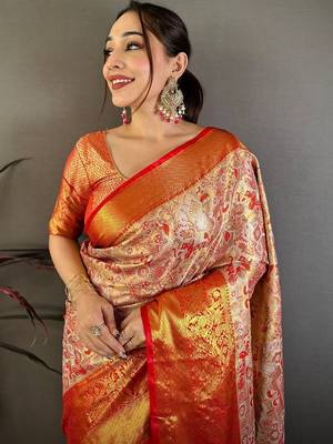 Gold woven design zari silk blend handloom kanjeevaram saree 2