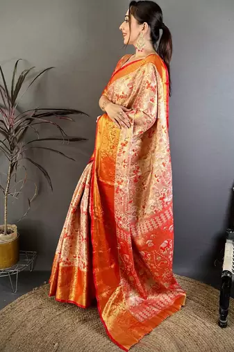 Gold woven design zari silk blend handloom kanjeevaram saree