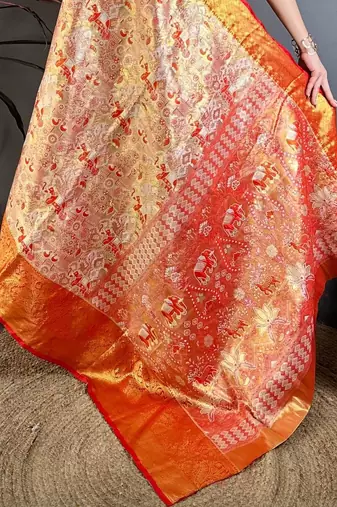 Gold woven design zari silk blend handloom kanjeevaram saree