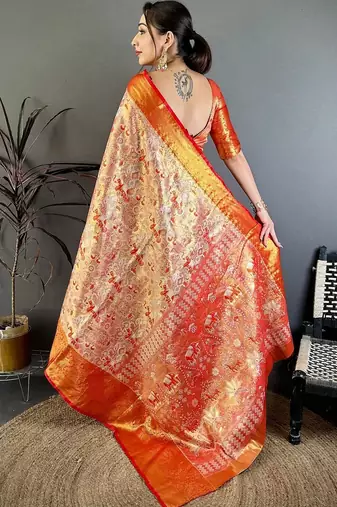 Gold woven design zari silk blend handloom kanjeevaram saree