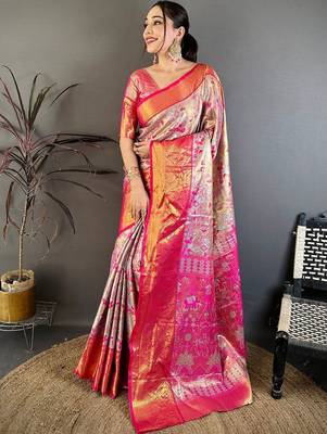 Blue ethnic motifs woven design zari silk blend kanjeevaram saree with blouse piece 1
