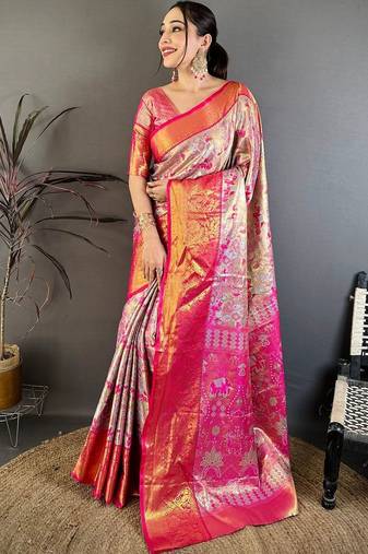 Blue ethnic motifs woven design zari silk blend kanjeevaram saree with blouse piece