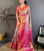 Blue ethnic motifs woven design zari silk blend kanjeevaram saree with blouse piece