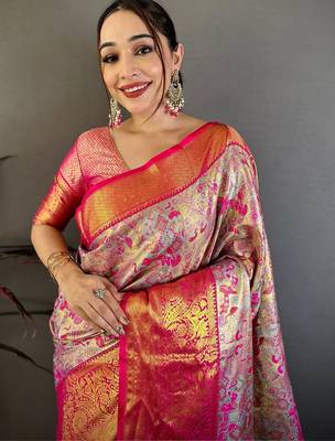 Blue ethnic motifs woven design zari silk blend kanjeevaram saree with blouse piece 2