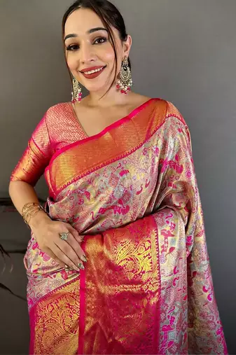 Blue ethnic motifs woven design zari silk blend kanjeevaram saree with blouse piece