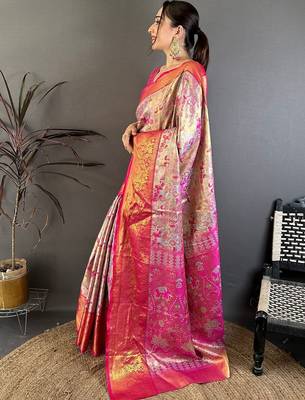 Blue ethnic motifs woven design zari silk blend kanjeevaram saree with blouse piece 3