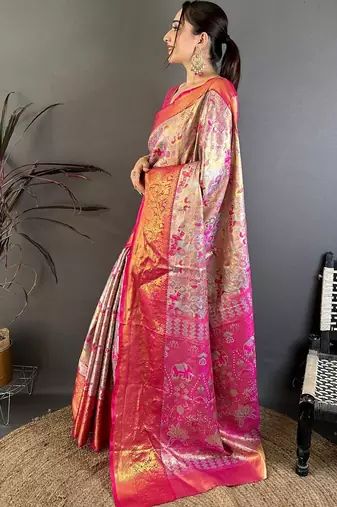 Blue ethnic motifs woven design zari silk blend kanjeevaram saree with blouse piece