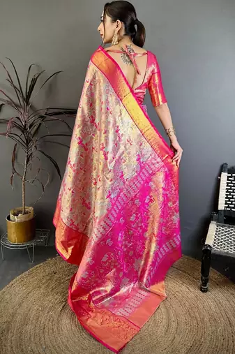 Blue ethnic motifs woven design zari silk blend kanjeevaram saree with blouse piece