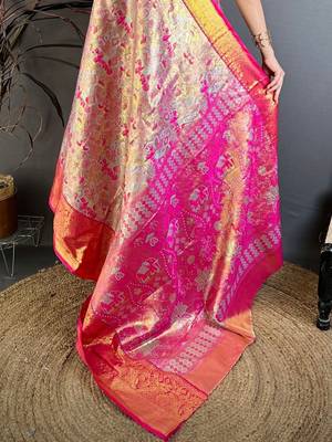 Blue ethnic motifs woven design zari silk blend kanjeevaram saree with blouse piece 5