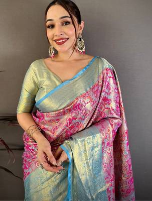Magenta ethnic motifs zari silk blend handloom kanjeevaram saree 1