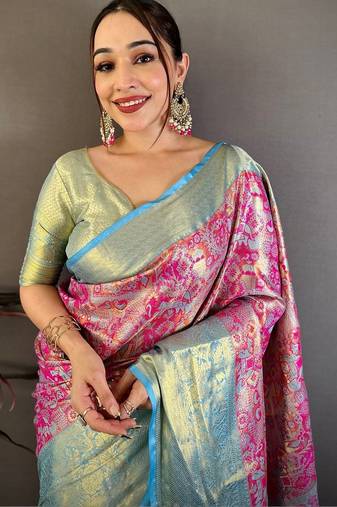 Magenta ethnic motifs zari silk blend handloom kanjeevaram saree