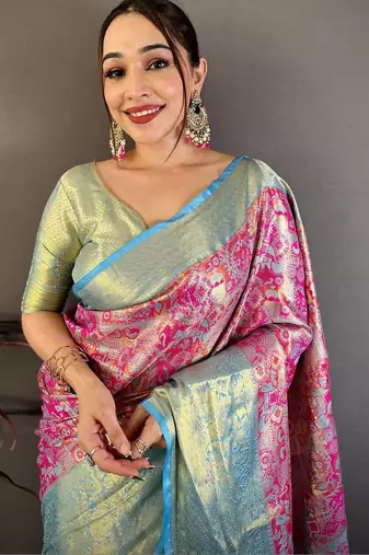 Magenta ethnic motifs zari silk blend handloom kanjeevaram saree