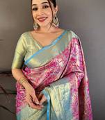 Magenta ethnic motifs zari silk blend handloom kanjeevaram saree