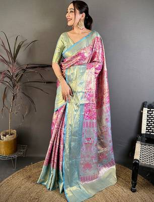 Magenta ethnic motifs zari silk blend handloom kanjeevaram saree 2