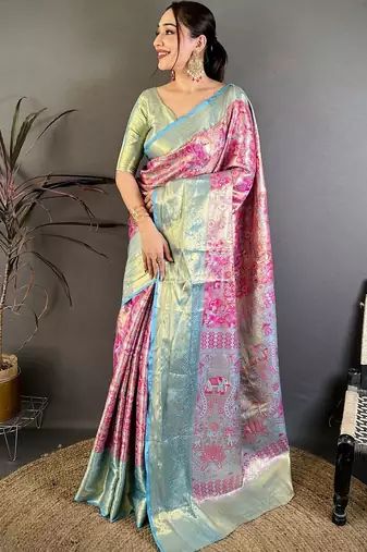 Magenta ethnic motifs zari silk blend handloom kanjeevaram saree