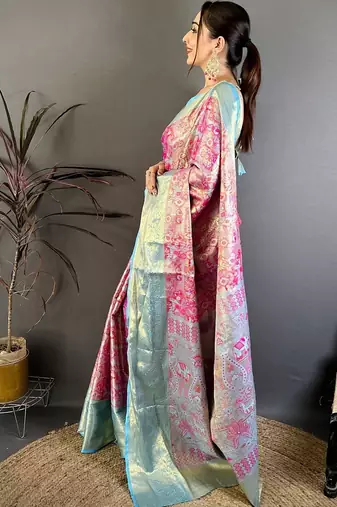 Magenta ethnic motifs zari silk blend handloom kanjeevaram saree