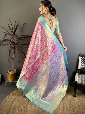 Magenta ethnic motifs zari silk blend handloom kanjeevaram saree 5