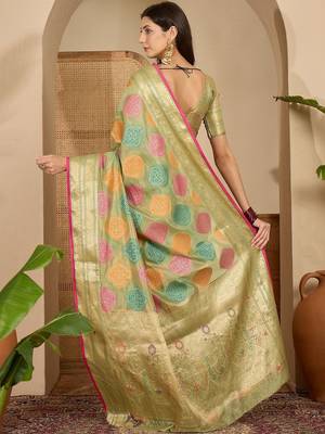 Green ethnic motifs woven design zari organza saree 5