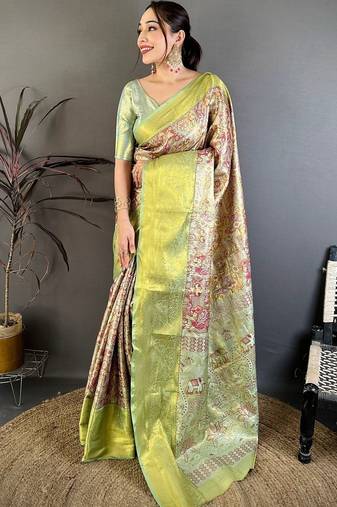 Green ethnic motifs zari silk blend kanjeevaram saree