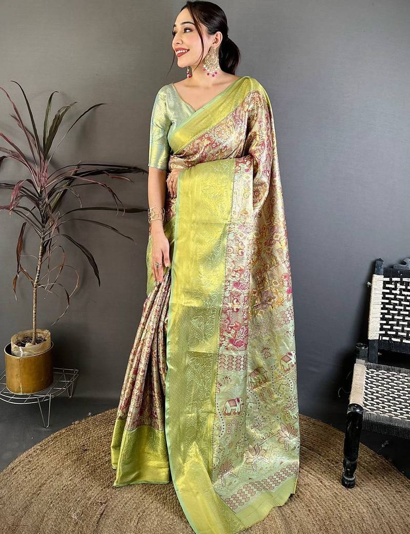Green ethnic motifs zari silk blend kanjeevaram saree
