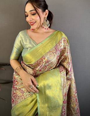 Green ethnic motifs zari silk blend kanjeevaram saree 2