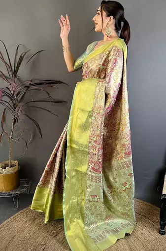 Green ethnic motifs zari silk blend kanjeevaram saree