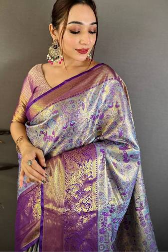 Blue woven design zari silk blend kanjeevaram saree