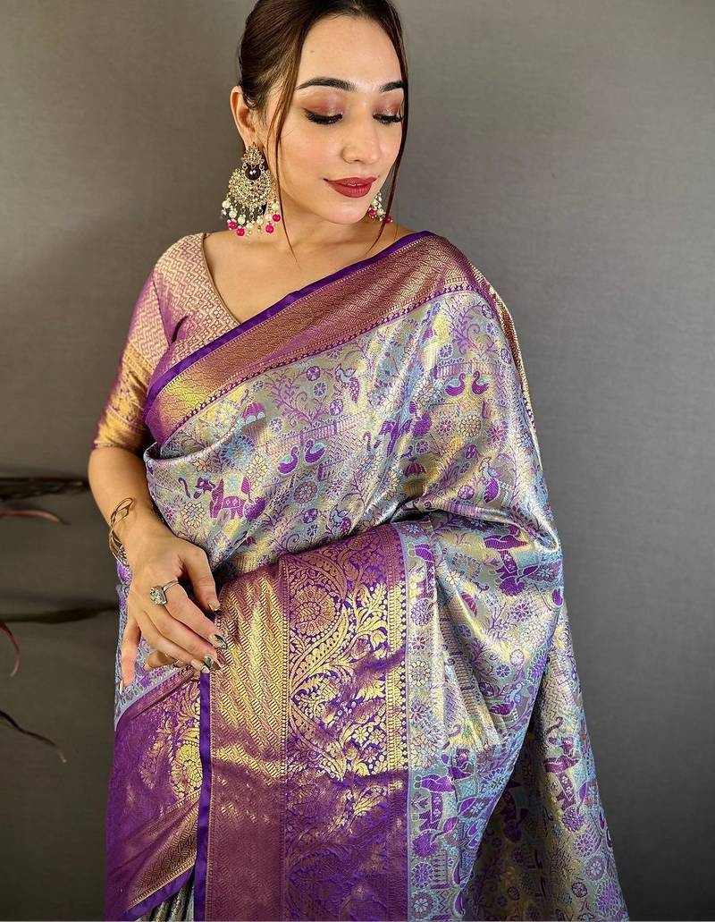 Blue woven design zari silk blend kanjeevaram saree