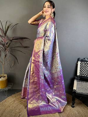 Blue woven design zari silk blend kanjeevaram saree 3