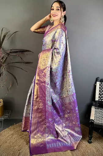 Blue woven design zari silk blend kanjeevaram saree