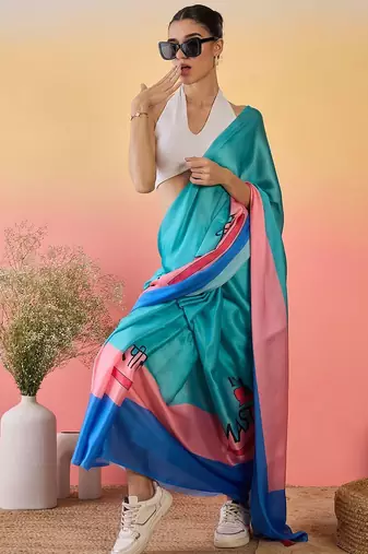 Blue printed saree with unstitched blouse