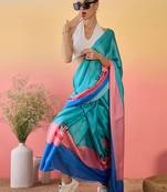 Blue printed saree with unstitched blouse