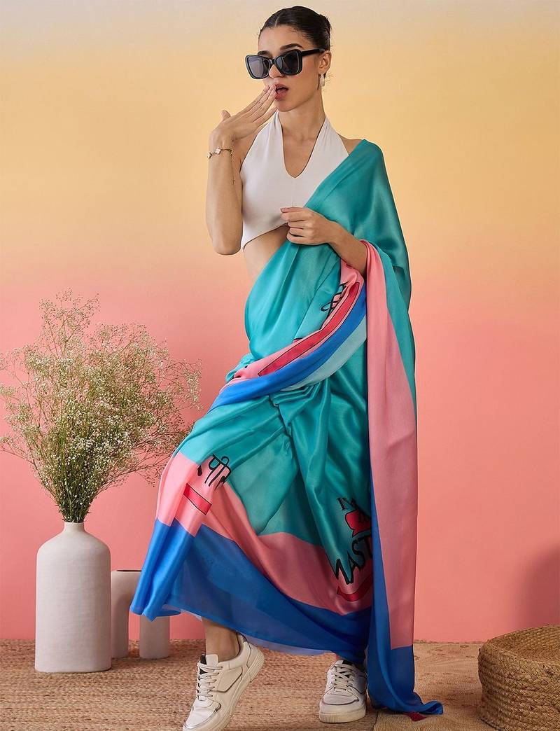 Blue printed saree with unstitched blouse