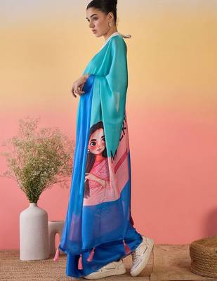 Blue printed saree with unstitched blouse 2