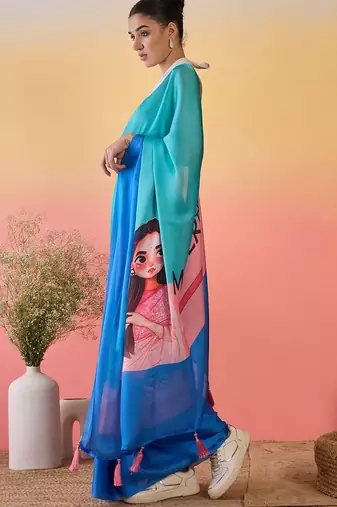 Blue printed saree with unstitched blouse