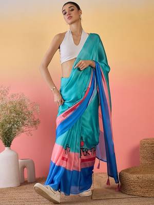 Blue printed saree with unstitched blouse 4