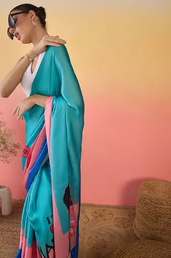 Blue printed saree with unstitched blouse