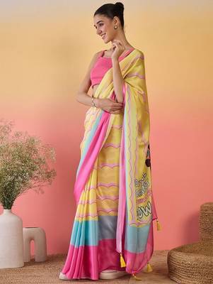 Yellow colourblocked satin saree with unstitched blouse 1