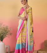 Yellow colourblocked satin saree with unstitched blouse