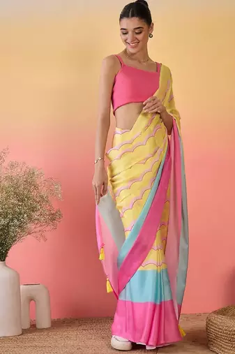 Yellow colourblocked satin saree with unstitched blouse