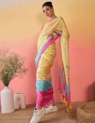 Yellow colourblocked satin saree with unstitched blouse 3