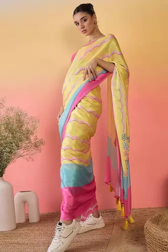 Yellow colourblocked satin saree with unstitched blouse