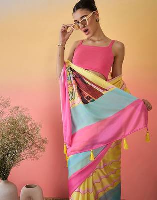 Yellow colourblocked satin saree with unstitched blouse 4