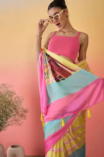 Yellow colourblocked satin saree with unstitched blouse