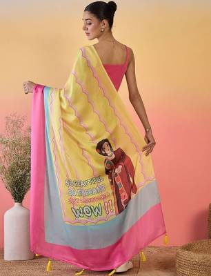 Yellow colourblocked satin saree with unstitched blouse 5
