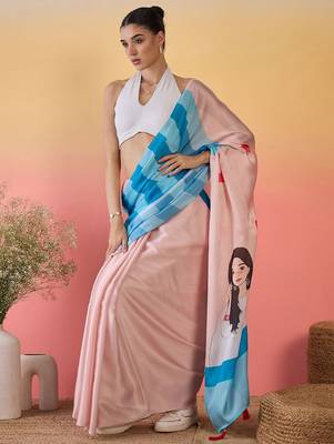 Peach abstract printed saree with unstitched blouse 1