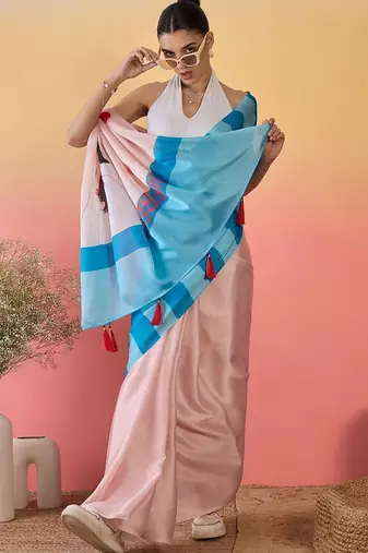 Peach abstract printed saree with unstitched blouse